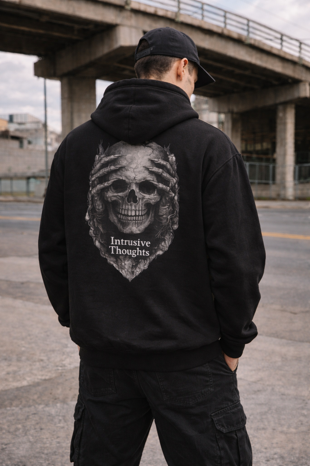 Intrusive Thoughts Skull Hoodie — Back Graphic Statement
