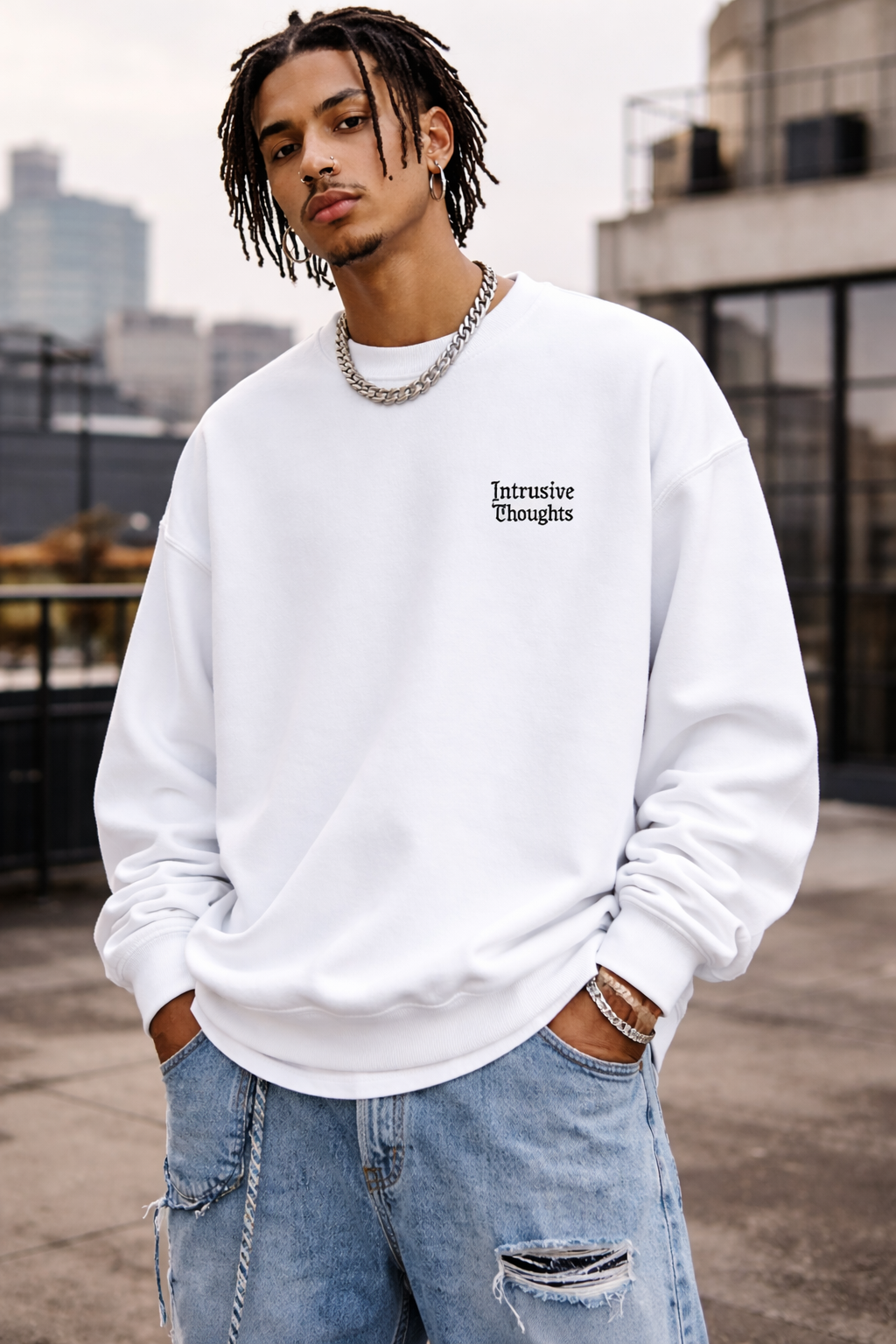 Vintage Intrusive Thoughts —  White Pocket Sweatshirt