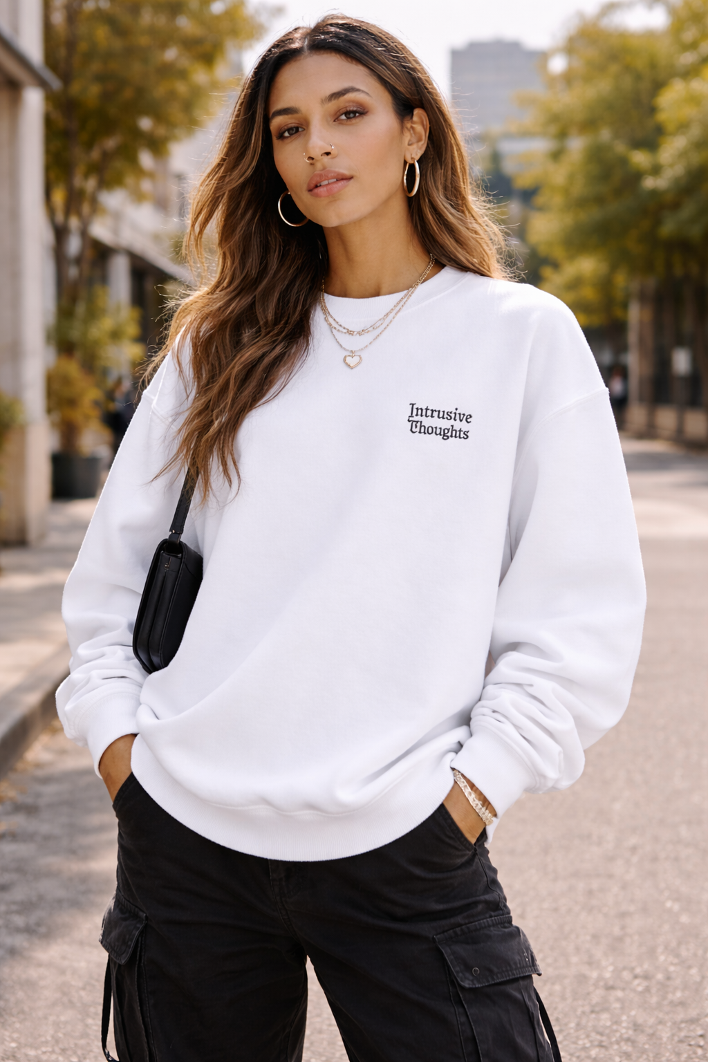 Vintage Intrusive Thoughts —  White Pocket Sweatshirt